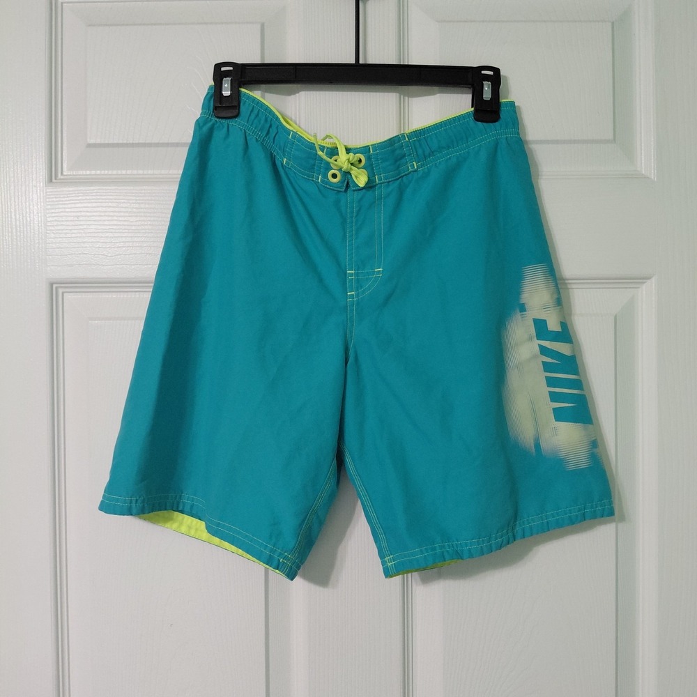Nike Boys Youth Swim Shorts Logo Print Green Medium Elastic Waist